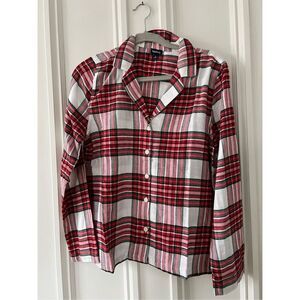 Gap red white black and green plaid button down flannel pajama shirt S